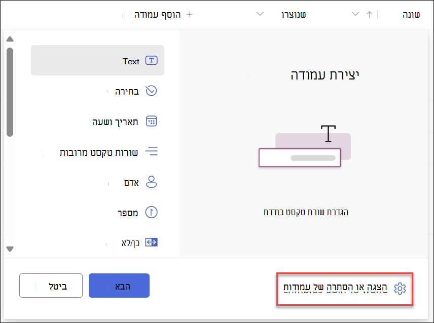 צילום מסך של האפשרות 'הצג הסתר עמודות' שנבחרה