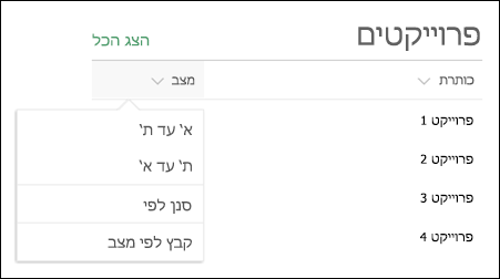 Web Part של רשימה עם תפריט מיון, סינון וקבוצה