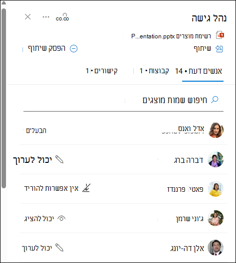 כרטיס הריחוף מפרט את האנשים שמשתפים את המסמך