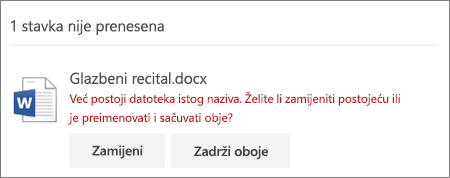 Pogreška „Naziv datoteke već postoji“ na mrežnom sučelju servisa OneDrive