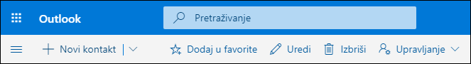 Na snimci zaslona prikazuju se mogućnosti dostupne na traci naredbi u oknu Osobe, uključujući mogućnosti Novi kontakt, Uređivanje, Izbriši, Dodaj u favorite i Upravljanje.