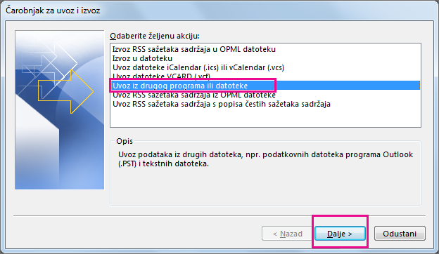 Odaberite uvoz e-pošte iz drugog programa ili datoteke