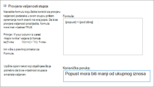 Column validation dialog with fields filled in with sample data