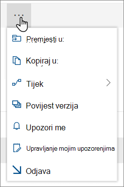 Mogućnosti izbornika Premjesti u i Kopiraj u u gornjoj navigaciji za SharePoint Online kada su odabrane datoteke ili mape