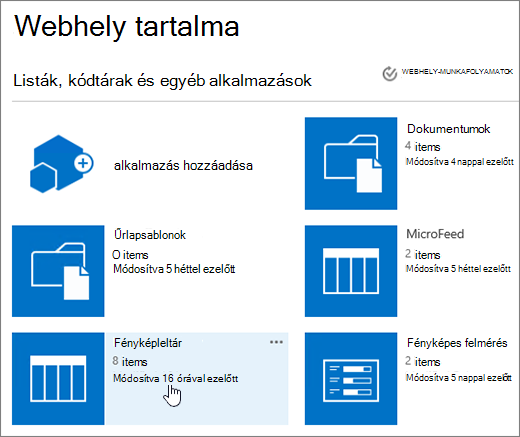 A Webhely tartalma lap egy kijelölt listával