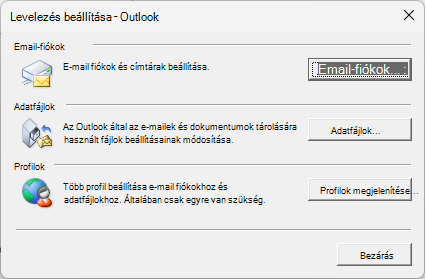 Levelezés beállítása – Outlook párbeszédpanel, amely a Vezérlőpult Posta beállításain keresztül érhető el.