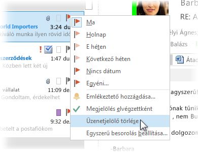 Az Üzenetjelölő törlése parancs az üzenetlista helyi menüjében