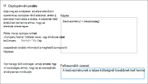 Az Oszlop érvényesítése párbeszédpanel mintaadatokkal kitöltött mezőkkel