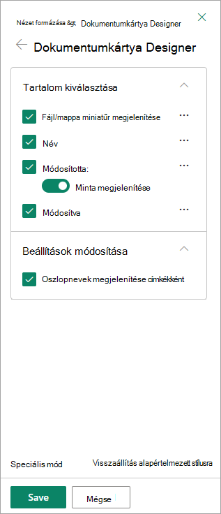 A Dokumentumkártya Designer ablakban megadhatja, hogy mit szeretne megjeleníteni az egyes kártyákon.