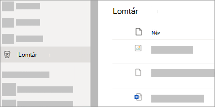 Képernyőkép a OneDrive.com webhely Lomtár lapjáról