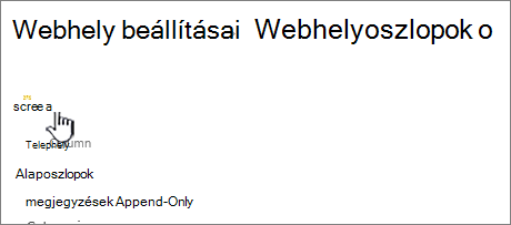 Létrehozás gomb a Webhelyoszlopok lapon