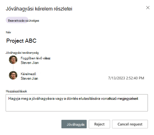 Képernyőkép a Jóváhagyási kérelem részletei párbeszédpanelről.