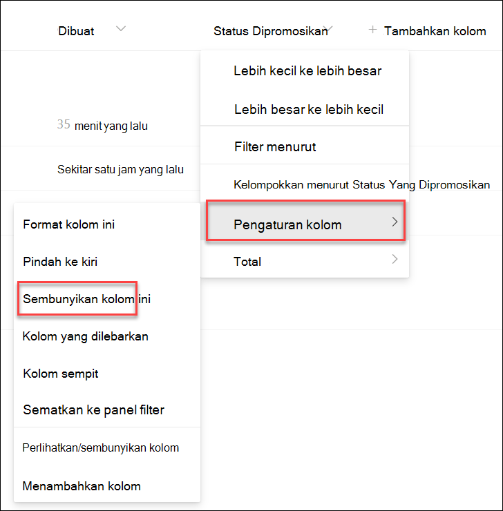 cuplikan layar menyembunyikan kolom