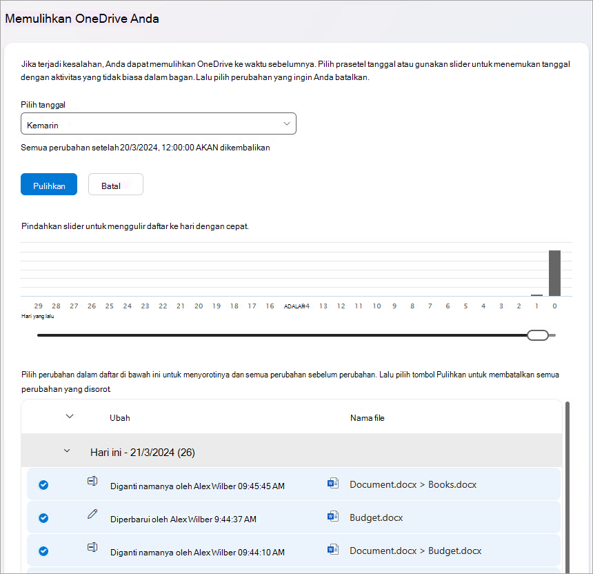 Pulihkan aktivitas file OneDrive Anda.