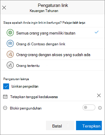 Opsi berbagi tautan untuk OneDrive for Business di aplikasi seluler iOS