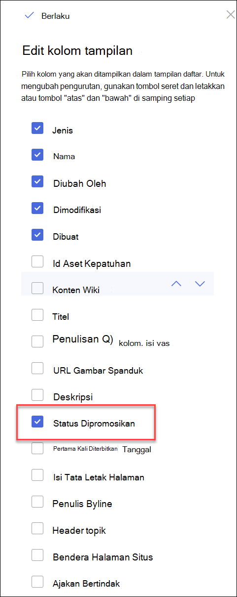 cuplikan layar status Dipromosikan dipilih