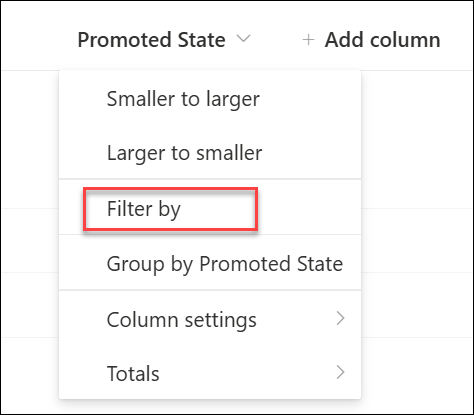 cuplikan layar Filter menurut status yang dipromosikan