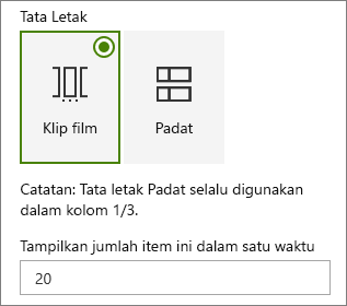 Pemilihan tata letak di panel properti komponen web Acara.