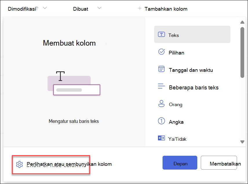 Cuplikan layar Perlihatkan kolom yang dipilih