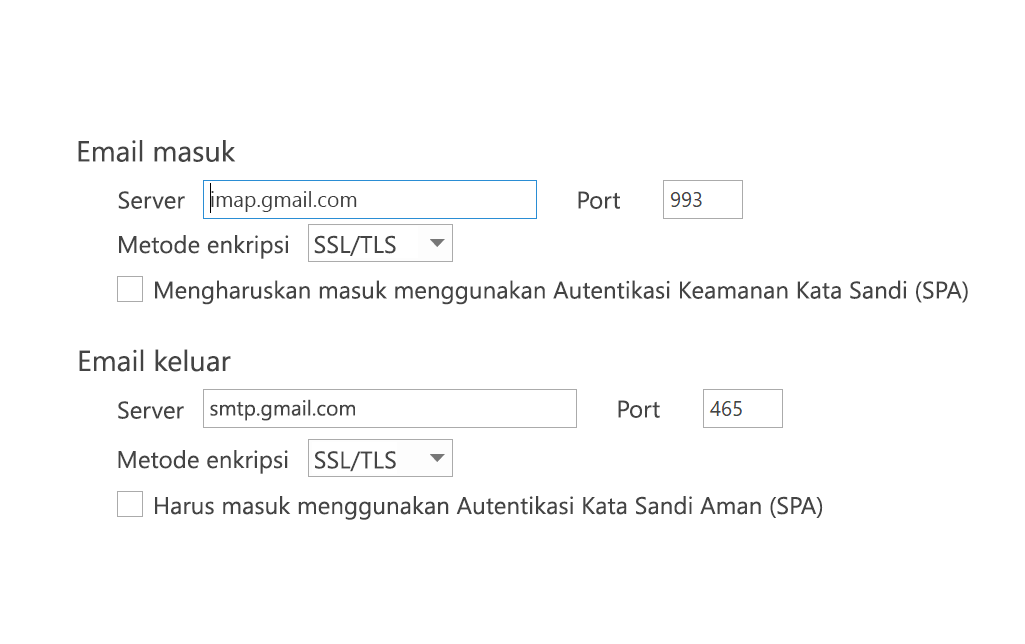 SPA pengaturan IMAP tidak dicentang