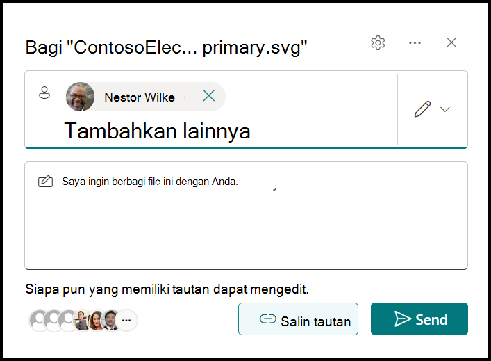 Cuplikan layar jendela tautan berbagi file, termasuk daftar email penerima, area pesan opsional, daftar yang dibagikan dengan, tautan "Siapa pun dengan tautan dapat mengedit", tombol Salin tautan, dan tombol kirim.