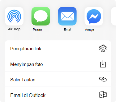 Menu Bagikan dengan aplikasi di bagian atas dan daftar opsi berbagi di bawahnya.