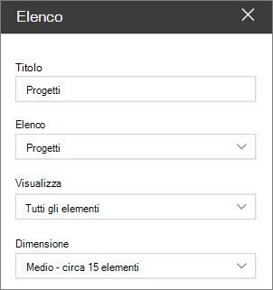 Impostazioni della web part Elenco