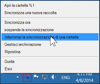 Comando Interrompi la sincronizzazione di una cartella nel menu OneDrive for Business