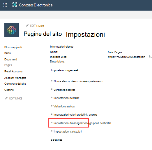 Pagina Impostazioni con assegnazione gruppi di destinatari evidenziata