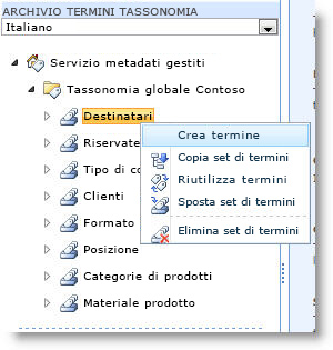 Menu in cui vengono visualizzate le azioni che è possibile eseguire su un set di termini