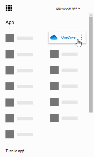 Icona di avvio delle app di Office 365 con l'app OneDrive evidenziata