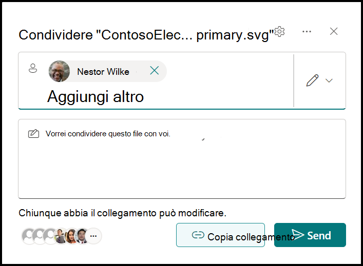 Screenshot della finestra del collegamento di condivisione file, tra cui l'elenco di posta elettronica dei destinatari, l'area dei messaggi facoltativa, l'elenco condiviso con, il collegamento "Chiunque abbia il collegamento può modificare", il pulsante Copia collegamento e il pulsante di invio.