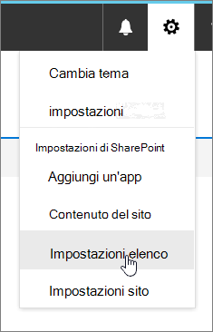 Menu Impostazioni con Impostazioni elenco evidenziato