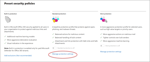 표준 보호 아래에 보호 설정 관리 링크가 강조 표시된 미리 설정된 보안 정책 대화 상자
