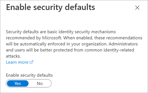 보안 기본값 사용 대화 상자는 Azure Active Directory 속성입니다.