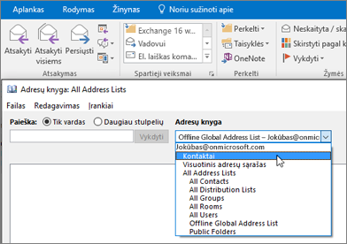 Baigę importuoti „Gmail“ kontaktus, juos galite rasti „Office 365“ pasirinkdami adresų knygelę.