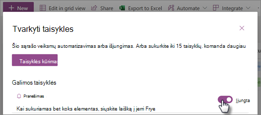 Ekrano nuotrauka, kaip įjungti arba išjungti taisyklę puslapyje Taisyklių valdymas.