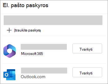 Parametrų lango, kuriame rodoma parinktis Valdyti paskyras naujoje "Outlook", ekrano nuotrauka