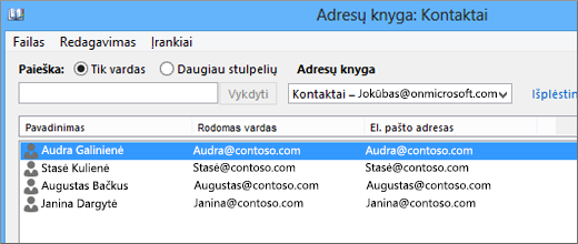 Kai kontaktai bus importuoti iš „Google Gmail“ į „Office 365“, juos matysite adresų knygelėje: Kontaktai