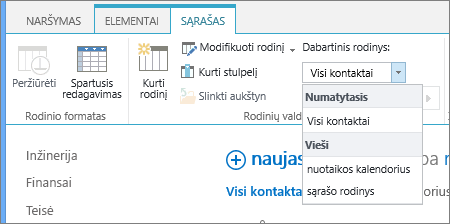 Dabartinių sąrašo rodinių išplečiamasis sąrašas