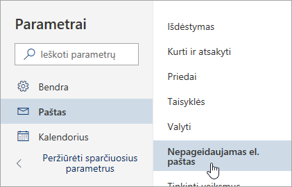 Ekrano nuotrauka, kurioje pateikiamas parametrų meniu su pasirinktais nepageidaujamais el. laiškais