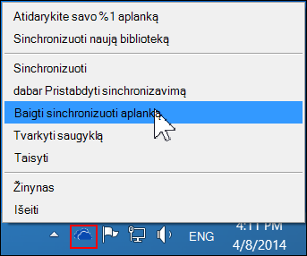 Komanda Stabdyti aplanko sinchronizavimą programos „OneDrive“ verslui meniu