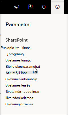 Meniu Parametrai su pasirinktais bibliotekos parametrais