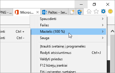 Naršyklės „Internet Explorer“ meniu Įrankiai ekrano kopija