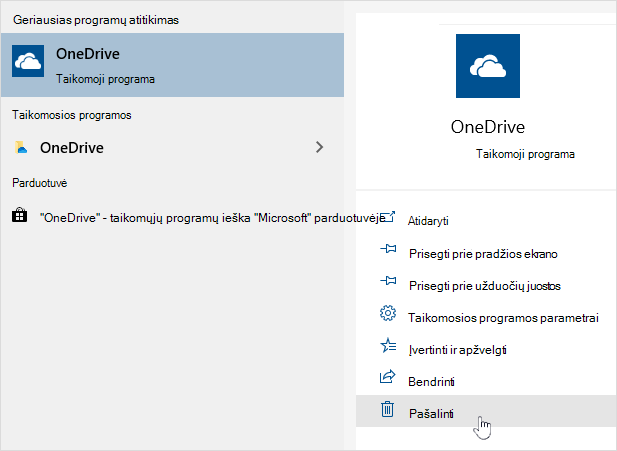 "OneDrive" parduotuvės programėlės pašalinimas