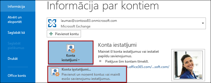 Konta iestatījumi programmā Outlook