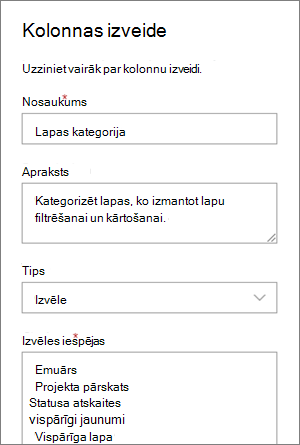 Example of setting up a category choice column for blogs