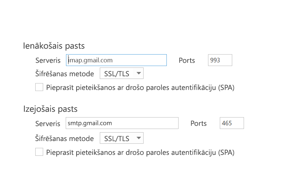 IMAP iestatījumi SPA nav atzīmēts