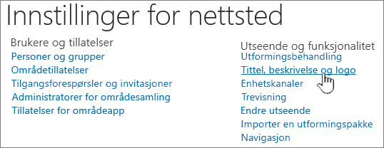 Områdeinnstillinger med Tittel, beskrivelse, logo valgt