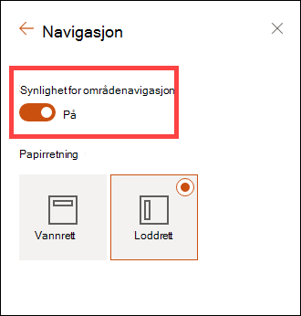 Tilgang til alternativene for synlighet for områdenavigasjon gjennom innstillinger.